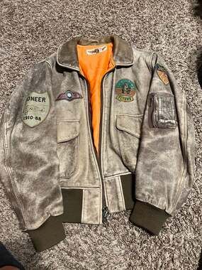 Vintage The Flight Club Distressed Leather A-2 Bomber Jacket with Blood Chit and
